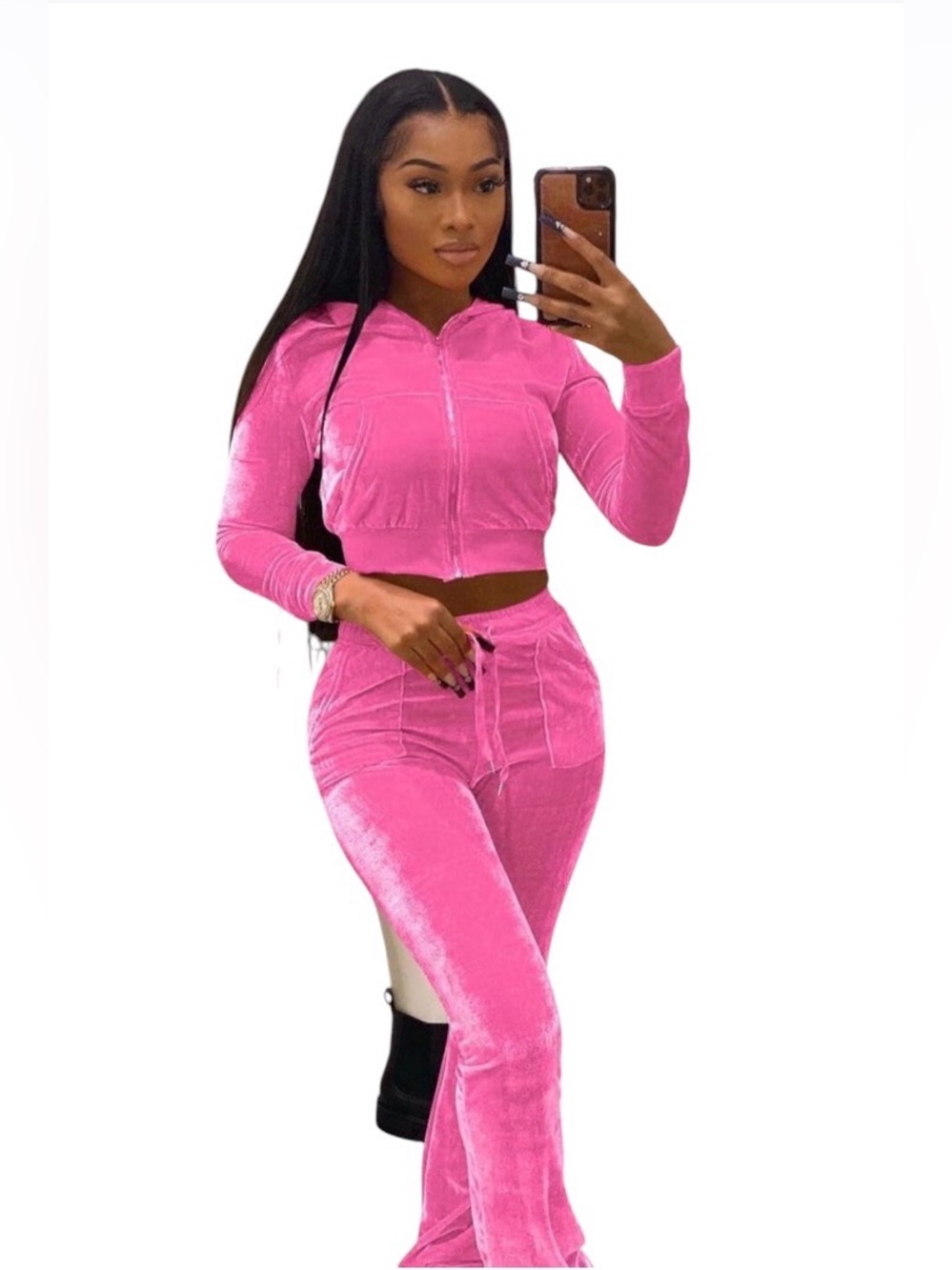 A438 2 Piece Outfit Velvet Sweatsuits Zip-up Hoodie PINK Jacket Jogging XXL Set